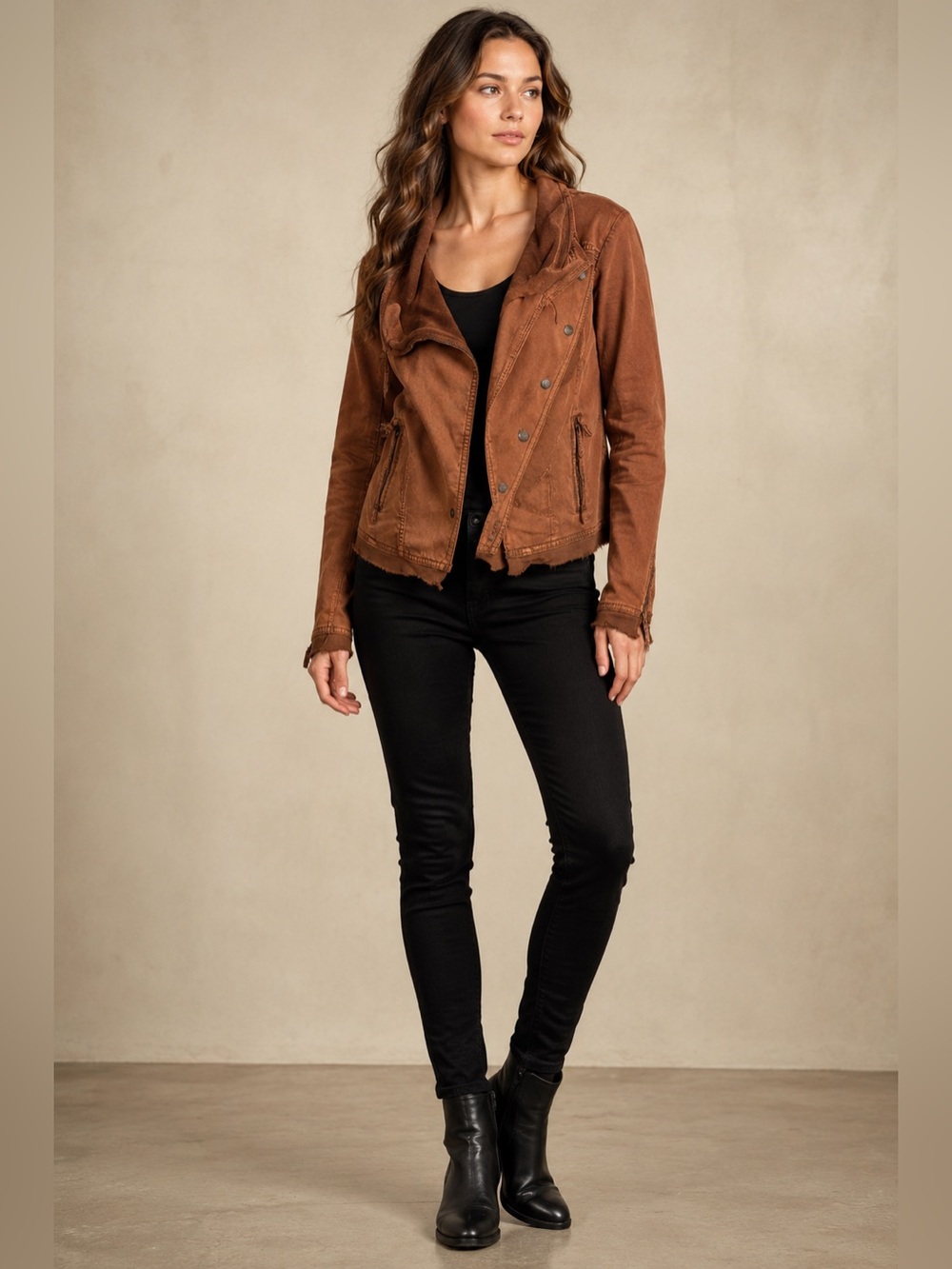 Free People Women’s L Rust Washed Cotton Moto Jacket Asym Snap Raw Hem